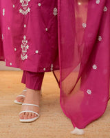 Orange Embroidared Rayon Slub Kurta Set