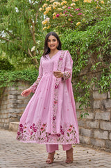Pink Embroidared + Hand Work Chanderi Silk Kurta Set