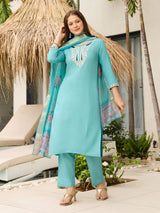 Aqua Blue Thread Viscose Kurta Set with Dupatta