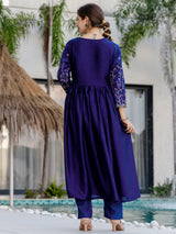 Blue Embroidery Vichitra Silk Kurta Set