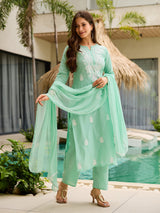 Mint Green Chikankari, Thread Cotton Kurta Set with Dupatta
