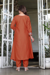 Orange Embroidared Soft Rayon Slub Kurta Set