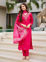 Pink Embroidared Beads Roman Silk With Cotton Lining Kurta Set