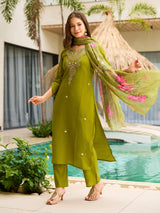 Green Embroidared Viscose Kurta Set