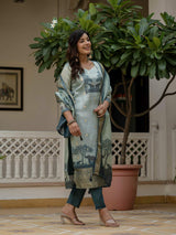 Blue Printed Jacquard Silk With Cotton Lining Kurta Set