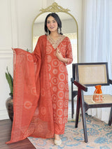 Orange Embroidery Rayon Kurta Set