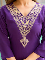 Purple Thread Rayon Slub Kurta Set with Dupatta V-Neck