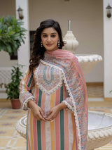 Orange Embroidery Rayon Slub Kurta Set