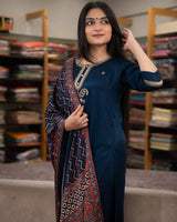Hand Printed With Embroidery Chanderi Silk Kurta Set
