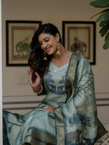Blue Printed Jacquard Silk With Cotton Lining Kurta Set