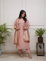 Peach Embroidery Pv Chanderi Kurta Set
