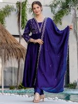 Blue Embroidery Vichitra Silk Kurta Set