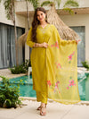 Lime Green Thread Rayon Slub Kurta Set with Dupatta V-Neck