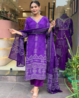 Printed & V-neck Embroidary French Crepe Kurta Set