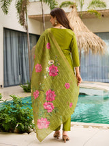 Green Embroidared Viscose Kurta Set
