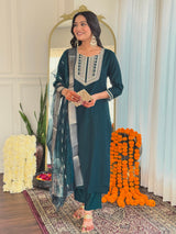 Dark Teal Thread Bsy Viscose Kurta Set with Dupatta Square Neck