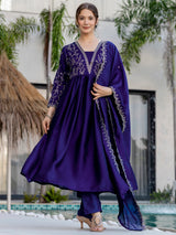 Blue Embroidery Vichitra Silk Kurta Set